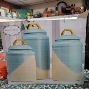 Homestead Living Set 3 Canisters Ceramic Lidded Baby Blue Cream Gold